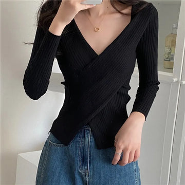 Getadme-Autumn Winter Knitwear Tops Fashion Female Long Sleeve Skinny Elastic Casual V-neck Knitted Shirts Women Pullover Sweaters